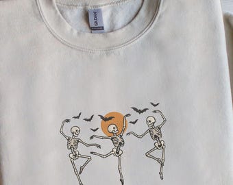 Halloween dansende skeletten geborduurd sweatshirt, uniseks herfstsweatshirt, griezelige seizoenssweatshirts, skelettrui