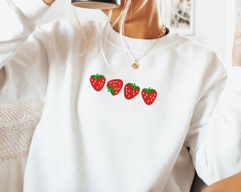 イチゴの刺繍入りスウェットシャツ、心地よいフルーツの刺繍入りクルーネック、イチゴのギフト、イチゴのセーター、かわいい刺繍入りの服