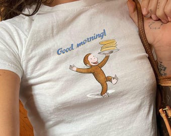 Good Morning Pancakes Baby Tee, Cute Pancake Graphic Top, Retro Monkey Baby Tee, Pinterest Aesthetic, Retro Coquette Tee, y2k Style Baby Tee