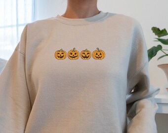 Sudadera bordada de calabaza, sudadera de otoño bordada, suéter de Halloween Jack o Lantern, regalo de feliz Halloween, cuello redondo de temporada espeluznante
