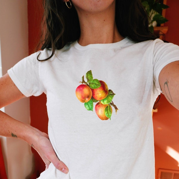 Apple Baby Tee, Cute Fruit Womens Tshirt, Retro Graphic Shirt, Summer Holiday Baby Tees, Y2K Clothing