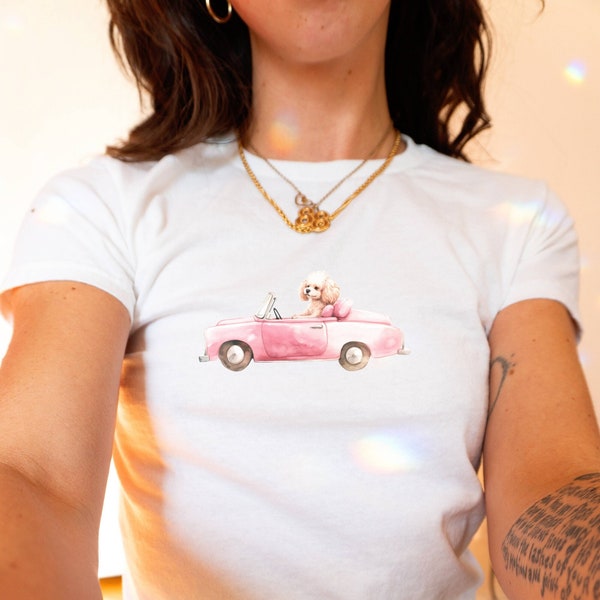 Driving Poodle Baby Tee, Cute Coquette Dog Shirt, Y2K Clothing Aesthetic, Womens Trendy Dog Baby Tees, Puppy Graphic Print