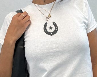Coastal Cowgirl Horseshoe Baby Tee: Lucky Y2K Western Top
