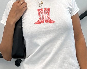 Red Western Boot Baby Tee: Cowgirl Rodeo Top