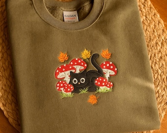 Mushroom Cat Embroidered Sweatshirt, Cosy Black Cat Crewneck, Cottagecore Fall Pullover, Whimsical Sweatshirt Gifts