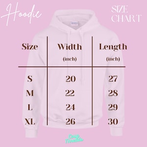 May include: White hoodie size chart with measurements in inches. The chart includes sizes S, M, L, and XL, with corresponding width and length measurements. The word "Hoodie" is at the top left, and "Size Chart" is at the top right.