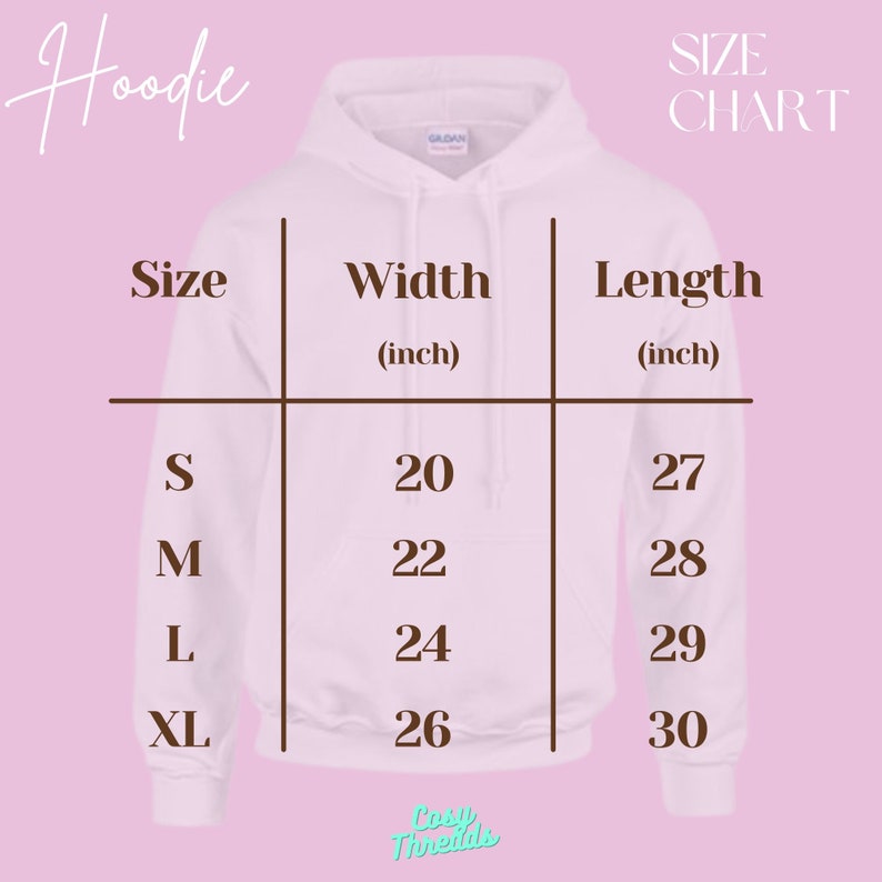 May include: White hoodie size chart with measurements in inches. The chart includes sizes S, M, L, and XL, with corresponding width and length measurements. The word "Hoodie" is at the top left, and "Size Chart" is at the top right.