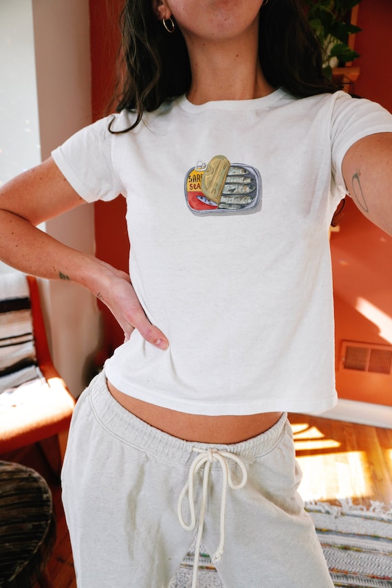 Sardine Retro Baby Tee, Y2K Clothing, Y2K Aesthetic Baby Tees, Fish Baby Tee, Summer Graphic Womens Tshirt