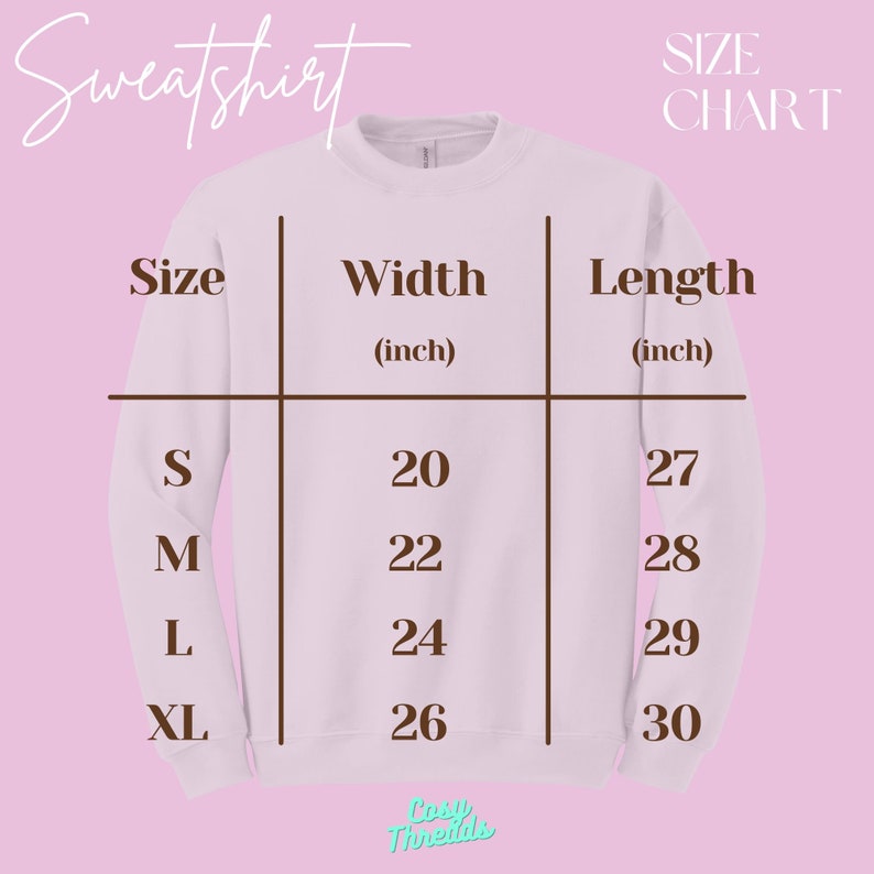 May include: White sweatshirt with a size chart. The chart displays measurements in inches for width and length, ranging from size small to extra-large. The width measurements are 20, 22, 24, and 26 inches. The length measurements are 27, 28, 29, and 30 inches.