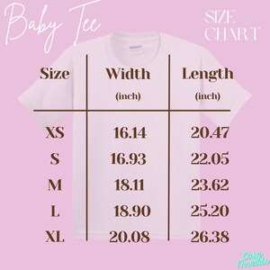 May include: Size chart for a baby tee, showing width and length measurements in inches for sizes XS, S, M, L, and XL.