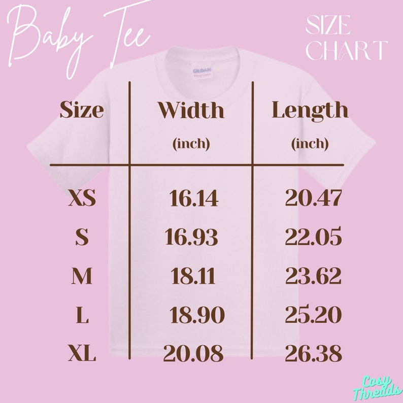 May include: Size chart for a baby tee, showing width and length measurements in inches for sizes XS, S, M, L, and XL.