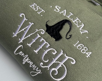 Sweat brodé Salem Witch Company, col rond d'Halloween Salem Massachusetts, pull de la saison effrayante, pull à capuche vintage Salem Halloween