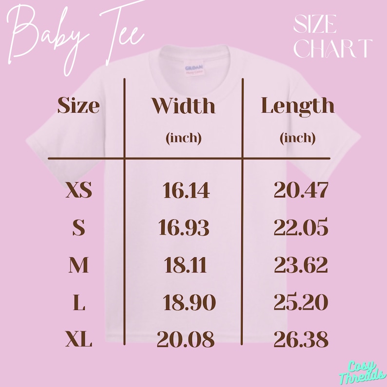 May include: White baby tee shirt with a size chart. The chart shows sizes XS to XL, with width measurements from 16.14 to 20.08 inches and lengths from 20.47 to 26.38 inches. The shirt is from Gildan.