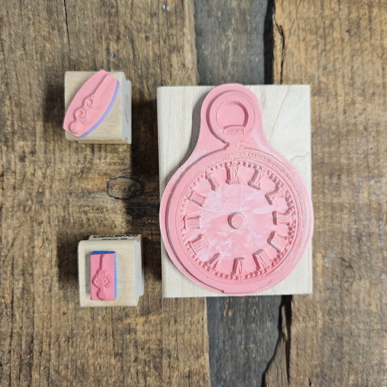 NEW Inkadinkado Stamp Set/ Wood Mounted Rubber Stamp/ Set of 3/ clock stamp/ pocket watch stamp/ steampunk stamp image 3