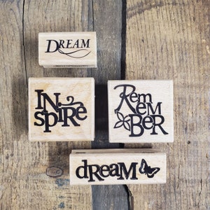 NEW Inkadinkado Stamp Set/ Wood Mounted Rubber Stamp/ Set of 4/ Inspired Stamps/ Dream Remember Inspire/Studio G
