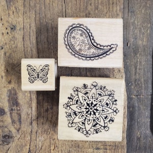 NEW Inkadinkado Stamp Set/ Wood Mounted Rubber Stamp/ Set of 3/ Mandala Stamp/ Butterfly Stamp/ Paisley Stamp