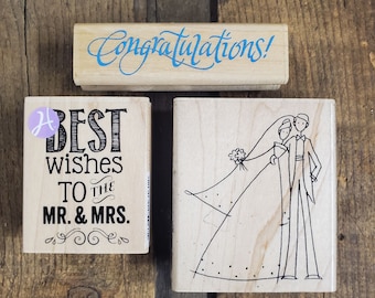 NEW Stamp Set/ Wood Mounted Rubber Stamp/ Set of 3/ Congratulations Stamp/ Mr&Mrs  Stamp/ Just Married