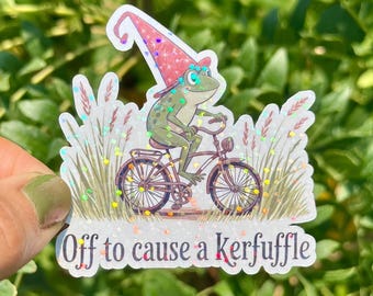 Off to Cause a Kerfuffle Sticker Frog Sticker Whimsical Frog Cute Frog Decal Kerfuffle Frog Sticker Fantasy Magic Frog Sticker Sarcastic
