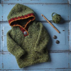 May include: A hand-knitted olive green hooded sweater featuring a deep red and orange striped trim along the hood opening, secured with a single metallic button. A wooden crochet hook, a ball of green yarn, and two extra metallic buttons are included.