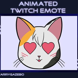 May include: Animated Twitch emote featuring a cartoon cat with white fur, orange and black markings, and pink heart-shaped eyes. The cat has a pink nose and a pink tongue sticking out.