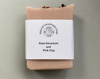 Rose geranium and pink clay natural handmade soap SLS paraben free cleansing soap bar gift for him or her mum teacher Christmas birthday