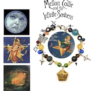 May include: A charm bracelet featuring a central circular pendant depicting a figure on a star, surrounded by various beads in blue, yellow, green, and black, along with metal charms shaped like a butterfly and stars, with the text Mellon Collie and the Infinite Sadness.