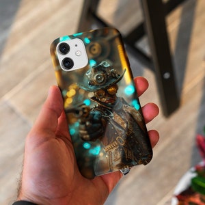 May include: A white iPhone case with a colorful image of a steampunk-style character wearing a hat and goggles, holding a gun. The background is a blurry image of lights.