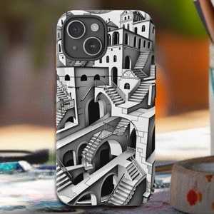 May include: A black and white phone case with a design of a building with stairs that appear to go both up and down, creating an optical illusion.