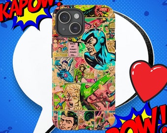 Op de afbeelding: Een kleurrijke telefoonhoes met een stripboekontwerp met superhelden en de woorden "Back at Funky Fones HQ..." en "POW!"