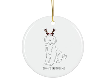 Dog's First Christmas Ceramic Ornament, 3 Shapes, Doodle Dog Ornament Gift