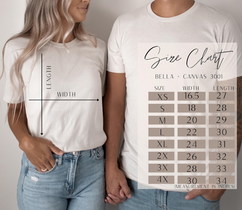 May include: Size chart for Bella + Canvas 3001 t-shirts, showing width and length measurements in inches for sizes XS to 4X.