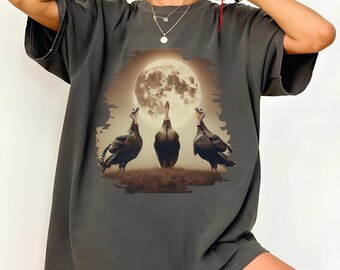 Three Turkeys Moon Shirt, Retro Thanksgiving Graphic Tee, Alt