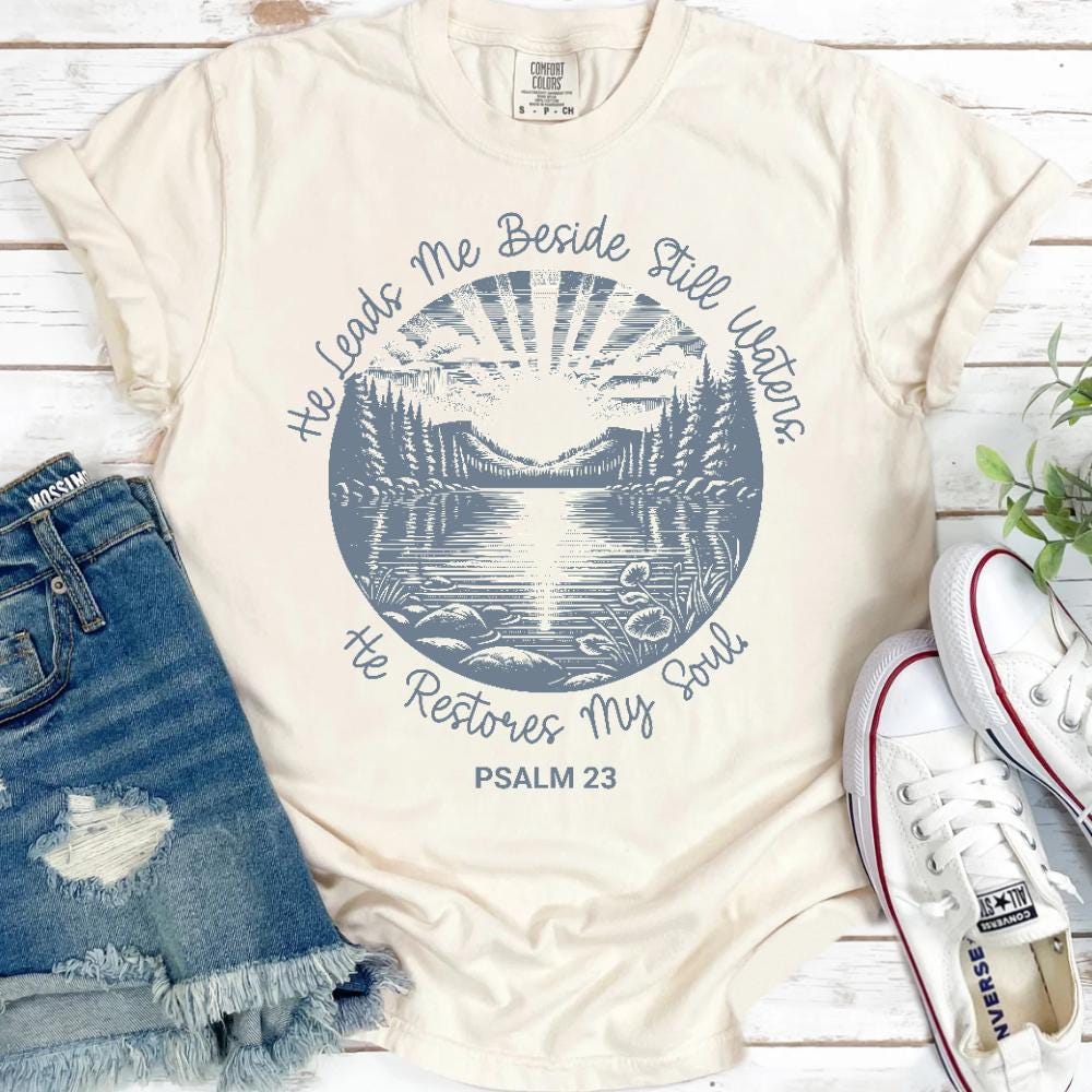 Christian Shirts, Bible Study Tshirt, God Shirt Jesus T Shirt Christian Mom Shirt, He Leads Me Christian Bible Verse Tee Psalm 23 Shirt Gift