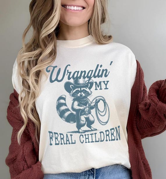 Retro Raccoon Shirt, Wrangling Feral Children Tshirt, Raccoon Cowboy Shirt, Mom Vintage Tshirt, Alt Shirt for Dad, Vintage Vibe Tee