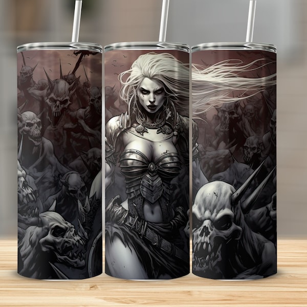 Dark Warrior 20 Ounce Skinny Tumbler Wrap, Gothic Fantasy Sublimation, Digital Design, Straight and Tapered, Instant Download PNG