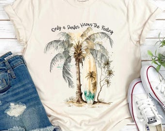 Surfer Shirt: Beach Ocean Waves, Surfboard Palm Tree Tee