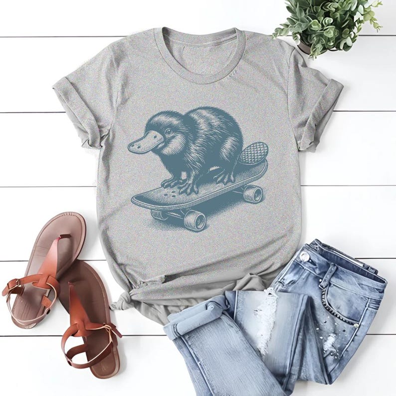 May include: A gray t-shirt with a graphic of a platypus riding a skateboard. The platypus is blue and the skateboard is blue with black wheels.