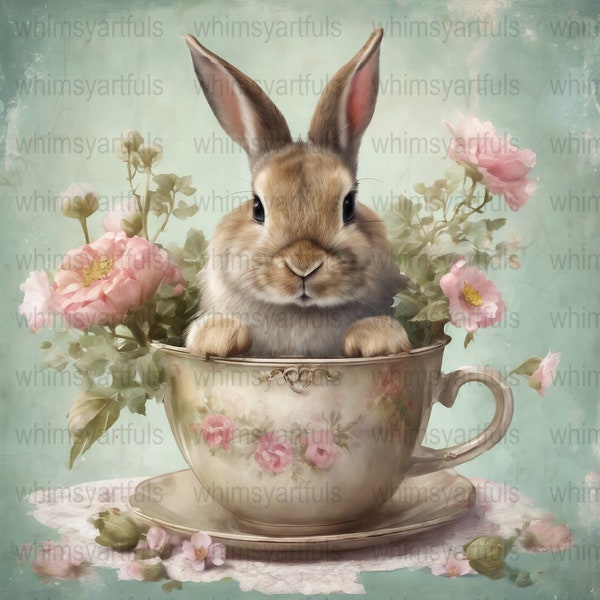 Bunny in Teacup Printable, Easter Bunny Prints, Spring Decoupage DIY, Floral Rabbit Easter Prints, Cute Bunny Download