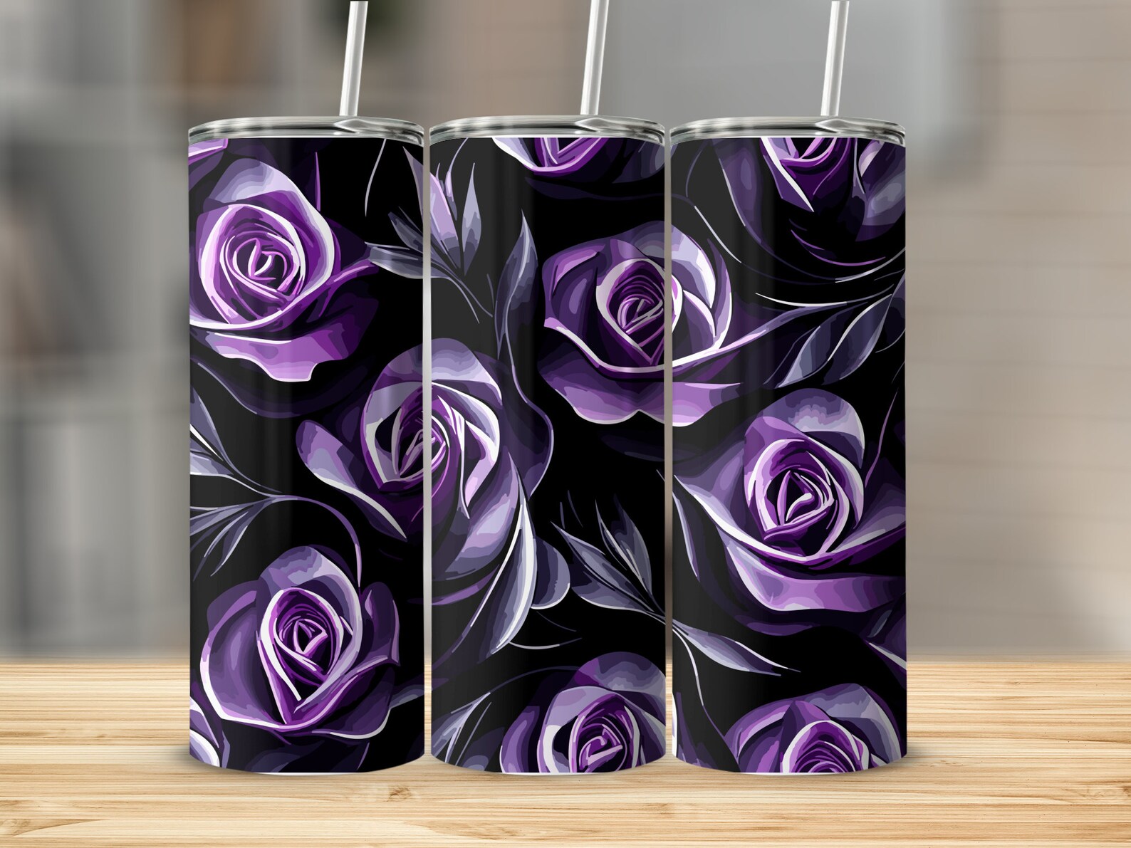 Black Purple Roses , 3d Roses Wrap 20 Ounce Skinny Tumbler, Sublimation