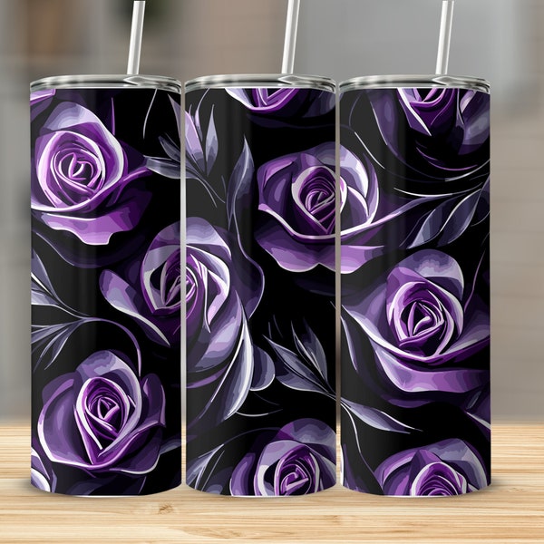 Black Purple Roses , 3d Roses Wrap 20 ounce Skinny Tumbler, Sublimation, Digital Design, Straight and Tapered Wrap, Instant Download PNG