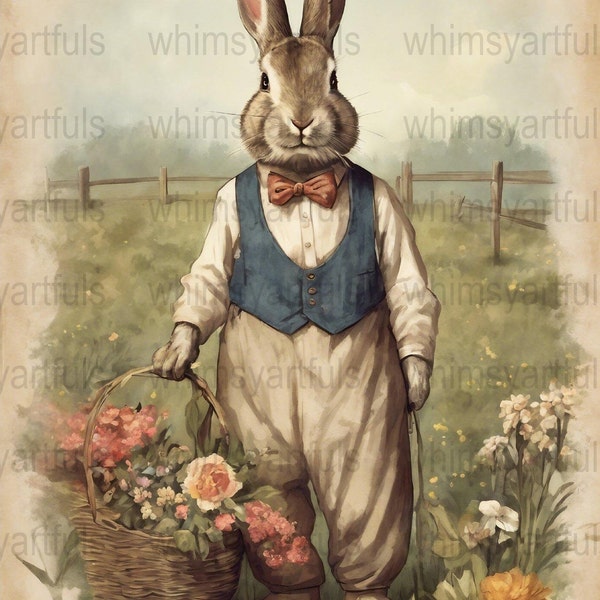 Vintage Bunny Digital Print, Rustic Easter Wall Art, Whimsical Spring Decor, DIY Decoupage Project Download