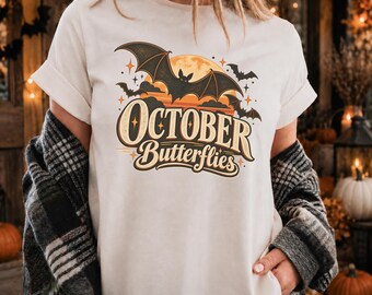 October Butterflies Shirt, Retro Bat Tee, Vintage Halloween Gothic Autumn Shirt, Spooky Season Apparel