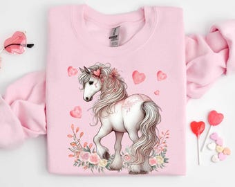 Horse Shirt, Valentine's Day Gift for Her, Women's Horse Sweatshirt, Hearts and Flowers, Horse Lover Gifts, Equestrian Apparel, Cute Horse