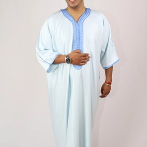 Sky Blue Gabardine Moroccan Gandoura for Men Handmade Kaftan Dresses