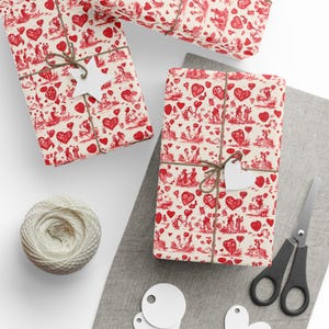 Red Valentines Day Gift Wrap Sheet, Luxury Aesthetic Valentines Gift Wrap, Toile Wrapping Paper, Preppy Wrapping Papers, Love Gift Wrap