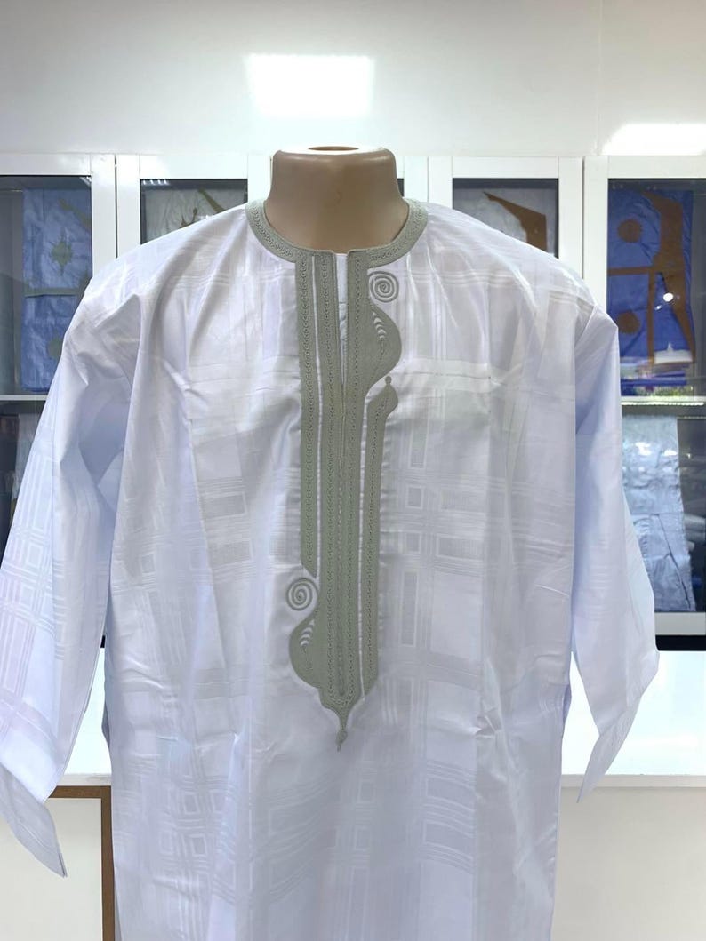 Moroccan Men's Kaftan Thobe - White Cotton Long Gown With Blue Embroidery, One Size - View #11