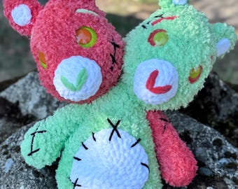 Two-Headed Zombie Bear Plushie: Gothic Halloween Decor