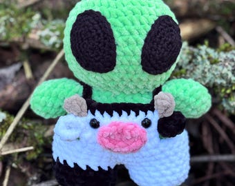 Alien In Overalls Plushie: Handmade Crochet Doll