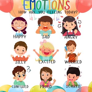 Puede incluir: Un póster colorido con la palabra "EMOTIONS" y la pregunta "¿CÓMO TE SIENTES HOY?" Varios niños de dibujos animados representan emociones como feliz, triste, enfadado, tonto, emocionado, preocupado, confundido, orgulloso y asustado. Globos rodean la imagen.
