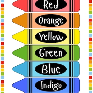 Puede incluir: Un colorido póster educativo con la palabra «COLORES» en letras grandes y divertidas. Debajo, se muestran siete crayones, cada uno etiquetado con un color diferente: Rojo, Naranja, Amarillo, Verde, Azul, Índigo y Violeta. Un borde vibrante enmarca la imagen.